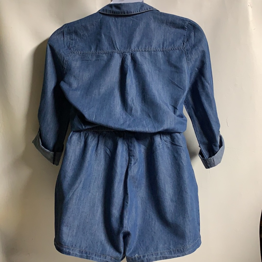 JACK women’s M blue chambray snap button down tab sleeves denim romper. - Picture 8 of 8